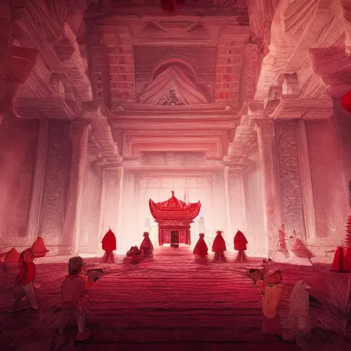 Image similar to a gigantic and minimalistic temple, soft red tone colors, where everyone is an npc, frozen in motion, high detail, artwork, filmgrain, soft tones, soft lighting