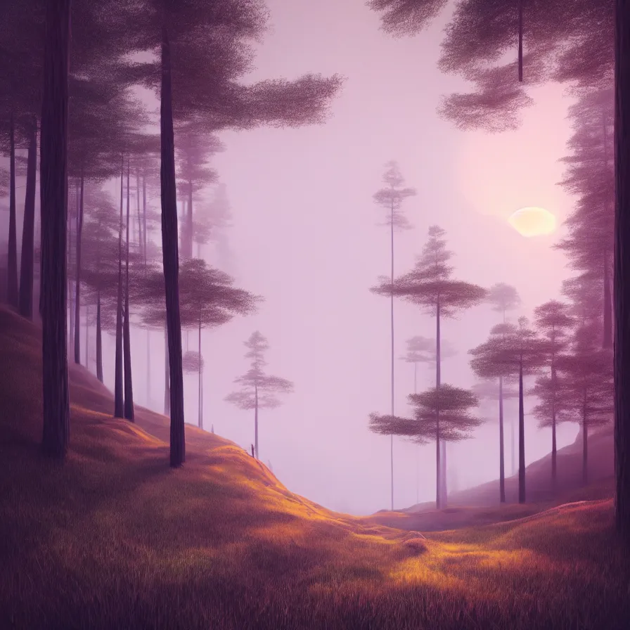 Prompt: surrealist abstract art of one natural path leading to the horizon through giant pine forests down rocky mountains towards a majestic sunset over the ocean. atmospheric foggy landscape, appeasing tones, psychedelic, ultra realistic, concept art, modern art, photorealistic, octane render.