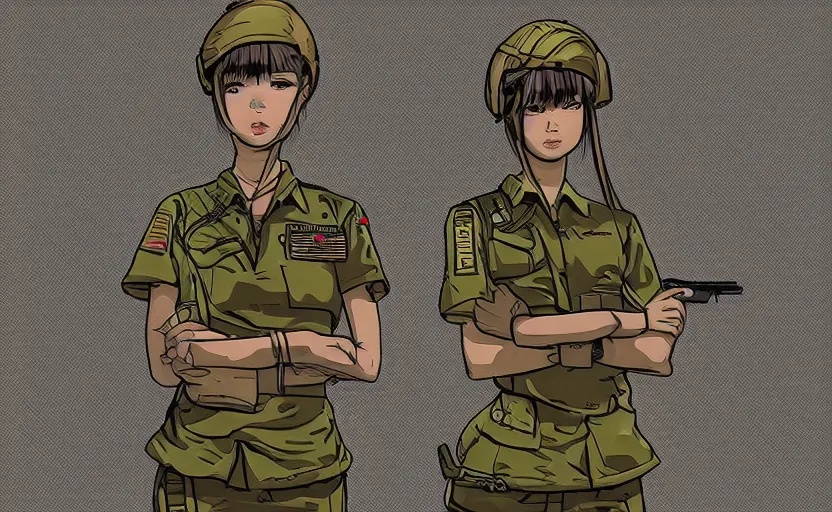 Prompt: T-shirt design, portrait of soldier girl, 2022 anime style, clean logo, graphic templates, flight squadron insignia, vintage saturation, soldier clothing, realistic military gear, inspired by shirt designer, made in blender, round background, vector line art, by oda, trending on pixiv, symbology, realistic human anatomy, high resolution, matte, empty hands, realistic military carrier