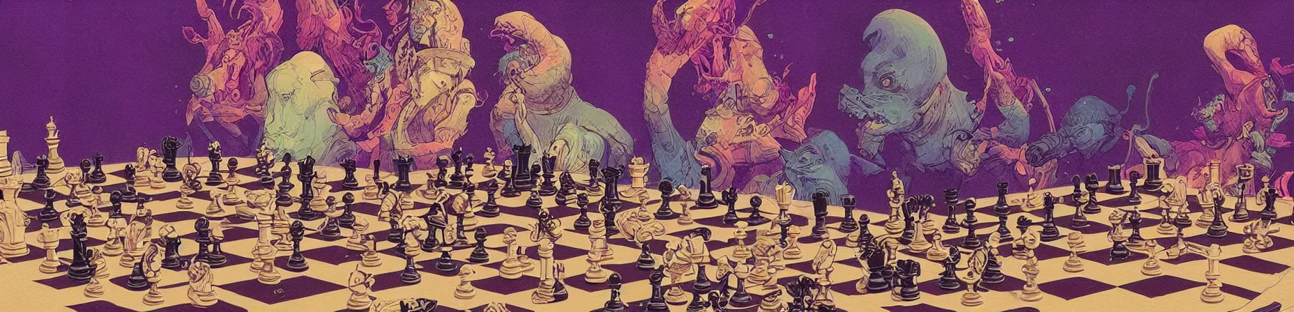 Image similar to chess tournament, psychedelic grainshading print, moebius, richard corben, wayne barlowe, galactic light colors