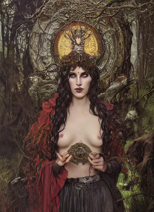 Image similar to outside covens den, intricate wiccan scene detailing, textless, hyperornate wiccan photorealistic mask, highly detailed, photorealistic, diffuse lighting, hdrp render, artstation, unreal 5, smooth, sharp focus, art by john collier, albert aublet, krenz cushart, artem demura, alphonse mucha