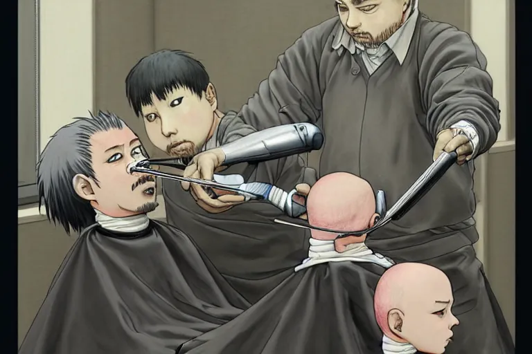 Image similar to a barber struggles to cut the hair of conjoined twins, by miyazaki and amano and murakami, trending on artstation