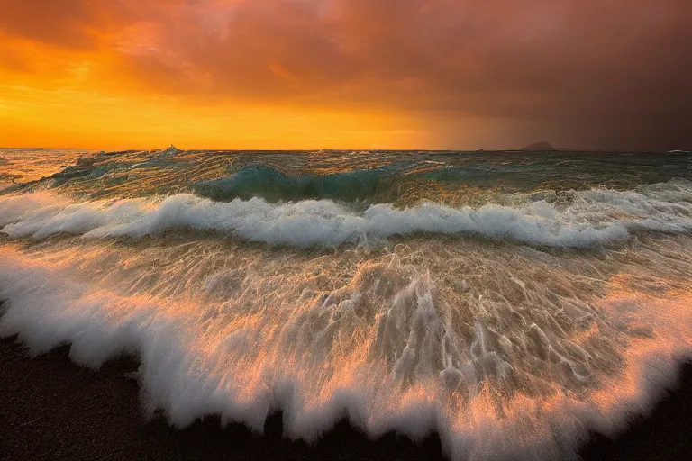 Image similar to landscape photography by marc adamus, waves in the shore, sunset, lake