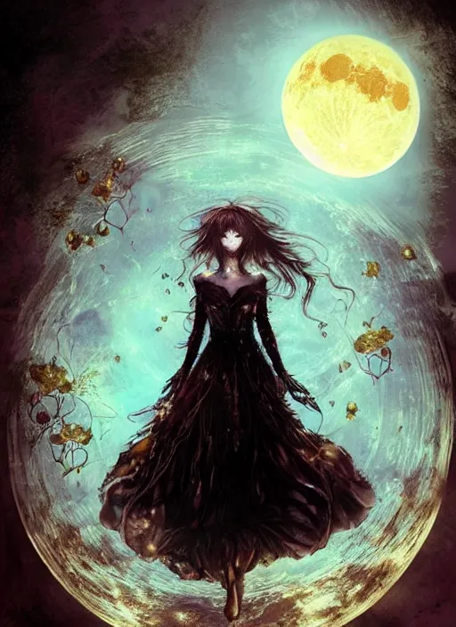 Prompt: glowing golden elements at frame borders, portrait, A beautiful dark witch in front of the full big moon, book cover, red roses, red white black colors, establishing shot, extremly high detail, foto realistic, cinematic lighting, pen and ink, intricate line drawings, by Yoshitaka Amano, Ruan Jia, Kentaro Miura, Artgerm, post processed, concept art, artstation, matte painting, style by eddie, raphael lacoste, alex ross