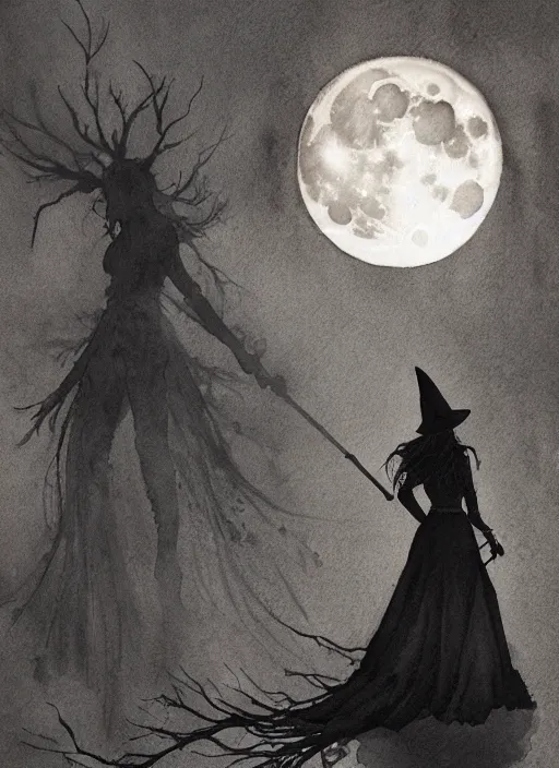 Image similar to portrait, silhouette of a witch in front of the full big moon, watercolor, dramatic lighting, cinematic, establishing shot, extremly high detail, foto realistic, cinematic lighting, pen and ink, intricate line drawings, by Yoshitaka Amano, Ruan Jia, Kentaro Miura, Artgerm, post processed, concept art, artstation, matte painting, style by eddie mendoza, raphael lacoste, alex ross