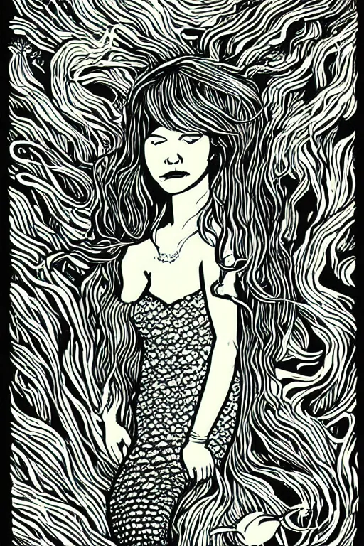 Prompt: portrait of a mermaid in kelp by MCBESS, 3 colour print