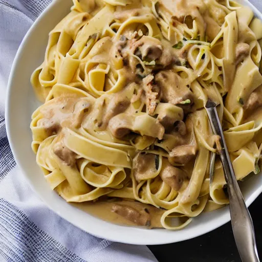 Prompt: a creamy fettuccine pasta with banana sauce, food photography