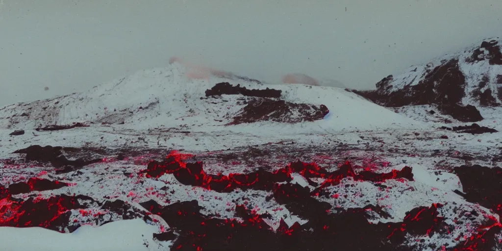 Prompt: polaroid photo of a vulcanic eruption in a snowy icy area, bright red lava, bright white snow and ice