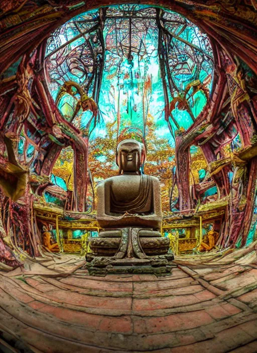 Prompt: breathtakingly beautiful ultrawide angle colour masterpiece weird dream, low angle view from inside a buddhist temple, figure meditating close shot, strange beautiful derelict temple, incredible sense of depth and perspective and clarity, arch, symmetry symmetrical, h. r. giger and alex grey and hiroshi yoshida and moebius and studio ghibli, 8 k