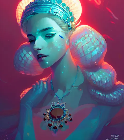 Image similar to portrait of a beautiful queen of the ocean with coral jewelry in complex and shiny dress made by jellyfish, by ross tran and atey ghailan, by greg rutkowski, by greg tocchini, by james gilleard, by joe fenton, by kaethe butcher, dynamic lighting, grunge aesthetic