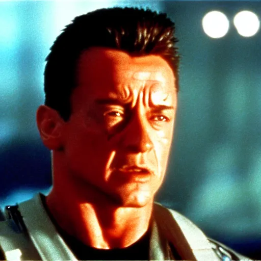 Image similar to cinematic still from terminator 2 : judgement day with the terminator played by sylvester stallone, movie still, long lens, shallow depth of field, bokeh, anamorphic lens flare, 8 k, hyper detailed, 3 5 mm film grain