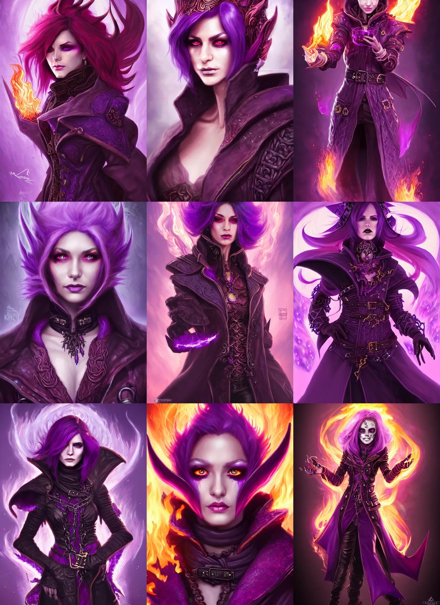Prompt: portrait of a mix between necromancer and pyromancer, female, purple fire and decadence, leather coat, high fantasy, dnd, face details, extremely detailed, smooth, sharp focus, digital illustration, by artgem, rossdraws, sakimichan
