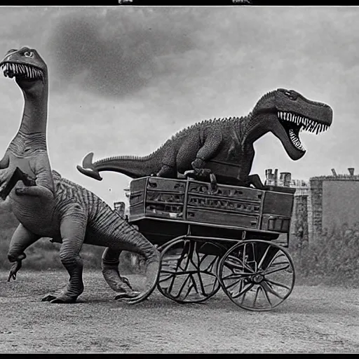 Image similar to dinosaurs driving cars, victorian photo,