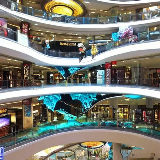 Image similar to photo of inside a shopping mall the inside is flooded with over 2 0 meters depth of clear water, highly detailed.