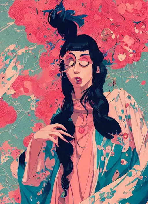 Prompt: character design, a fashion girl in kimono, concert poster retro, conrad roset, greg rutkowski, flume cover art