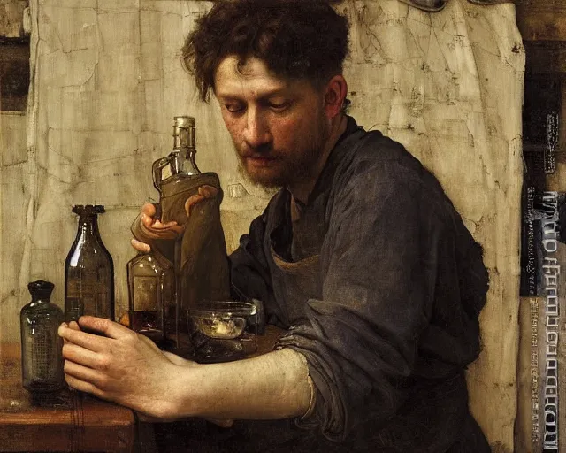 Image similar to an exhausted painter in his studio with a whiskey bottle by edgar maxence and caravaggio, intricate painting, hyper realistic, extremely detailed and beautiful aesthetic face, 8 k resolution