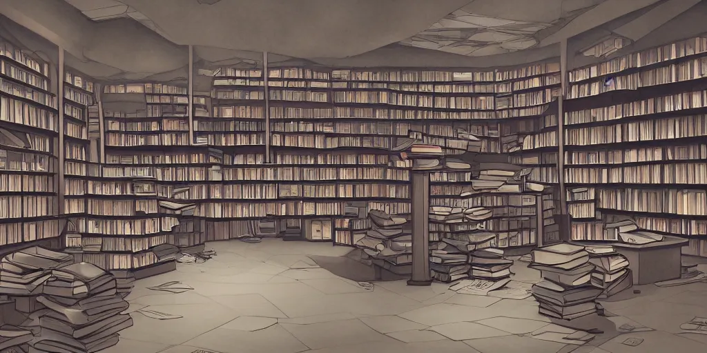 Prompt: eerie abandoned bookstore in the mall at night, scattered books, dramatic lighting, award - winning anime digital art