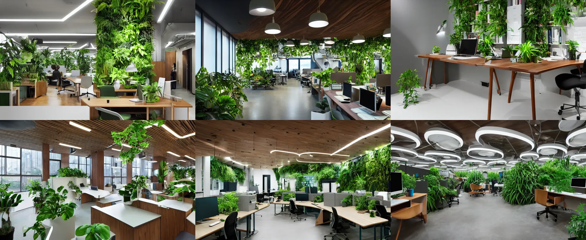 Prompt: futuristic modern work space interior, multiple desks, jungle theme, plants, cupboards, walnut wood, green walls, moody lights, elegant, chique, art nouveau, modern, technology, swedish design, minimalist