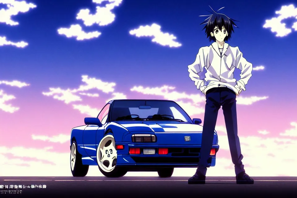 Prompt: anime illustration of waifu ryosuke takahashi wearing a dark blue shirt and white pants, standing by his glossy white 1 9 9 0 mazda rx - 7 fc on an empty highway at sunrise, cinematic lighting, initial d anime 1 0 8 0 p, 9 0 s anime aesthetic, volumetric lights, rule of thirds, unreal engine render, pinterest wallpaper, trending on artstation