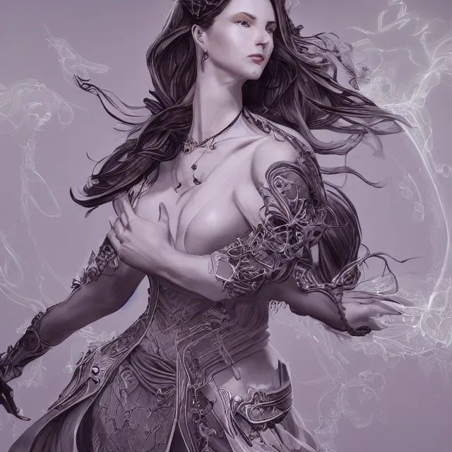 Image similar to the portrait of the lawful evil sorceress lawyer as an absurdly beautiful, graceful, elegant, sophisticated, woman, an ultrafine hyperdetailed illustration by kim jung gi, irakli nadar, intricate linework, bright colors, octopath traveler, final fantasy, unreal engine 5 highly rendered, global illumination, radiant light, detailed and intricate environment