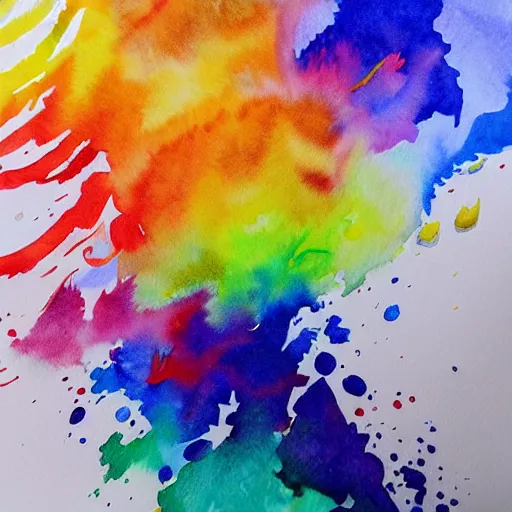 Prompt: water color on paper, rainbow explosions, highly detailed, artstation, masterpiece, award - winning,