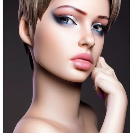 Image similar to very pretty model, highly detailed, sharp focus, realistic, shorter hair