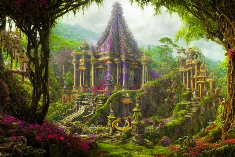 Image similar to a beautiful and highly detailed matte painting of a lost temple in a colorful garden mystical in a forest high in the mountains, psychedelic, celtic, intricate details, epic scale, insanely complex, 8 k, sharp focus, photorealism, artstation, cgsociety, by caspar friedrich, albert bierstadt, james gurney, brian froud,