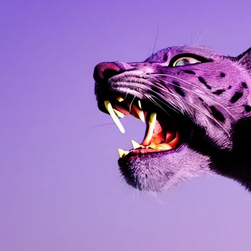 Prompt: closeup of a purple panther roaring at the moon