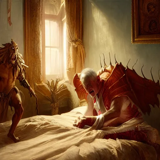 Prompt: the pope is in his bedroom, scared because a horned demon is attacking him. highly detailed painting by gaston bussiere, greg rutkowski, craig mullins 8 k