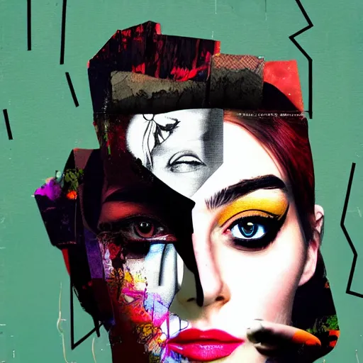 Prompt: Roman postmodern Goddess, collage, minimal style, digital painting, 4k, HDR, punk, fashionista, smooth, sharp focus, art by Sandra Chevrier, John Hoyland, teamLab