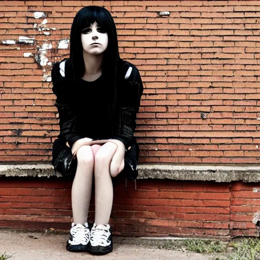 Image similar to a photograph of an emo goth girl sitting on a brick wall on a hot day, 2006, black hair, English, depth of field