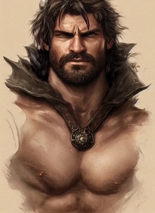 Image similar to portrait of a rugged ranger, muscular, upper body, hairy torso, D&D, fantasy, intricate, elegant, highly detailed, digital painting, artstation, concept art, smooth, sharp focus, illustration, art by artgerm