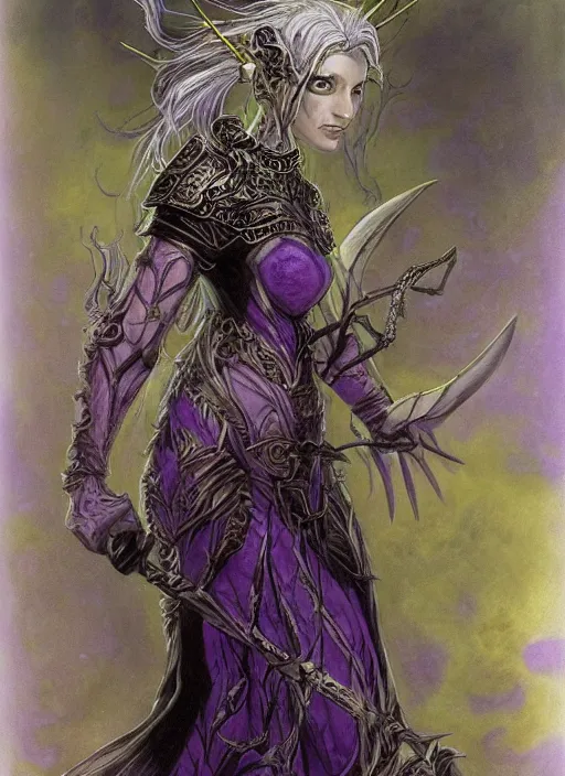 Image similar to portrait of young female prophetess of the endtimes, transluscent skin, silver filigreed armor, lavender hair, beautiful! coherent! dungeons and dragons character, by brian froud, strong line, cool night color, high contrast