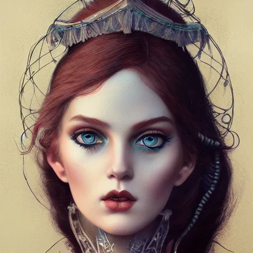 Image similar to tom bagshaw, dollpunk in a full dress, professionally retouched, perfect blue eyes, ultra realistic soft painting, floating long hair, soft facial traits, perfectly detailed linework, symmetrical accurate intricate features, highly detailed, artstation, sharp focus