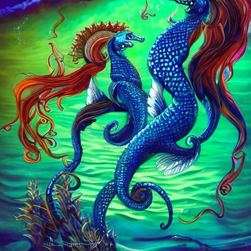 Image similar to merfolk riding seahorses, trending on artstation, colorful, intricate, art by senjon 津