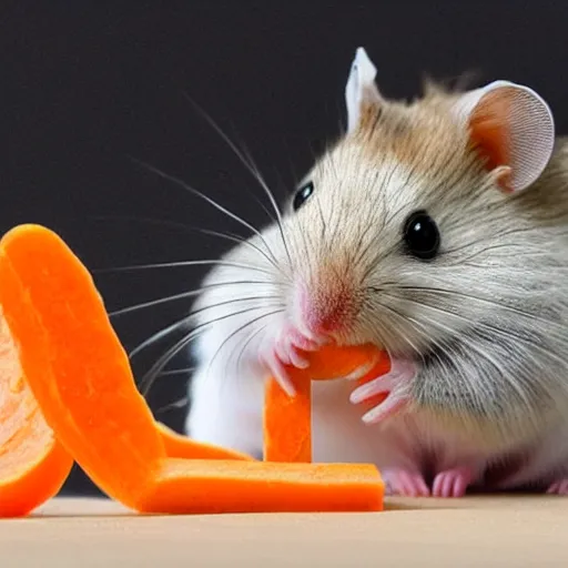 Image similar to a hamster with a horse head eating a carrot