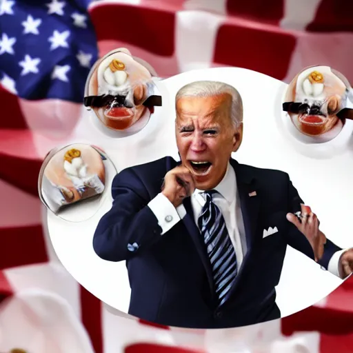 Image similar to terrified out of white chocolate made Joe Biden, melting, yelling for help