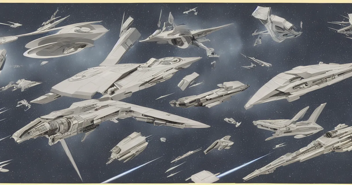 Prompt: concept sketches for a retro science-fiction space fighter Ralph McQuarrie and ilm