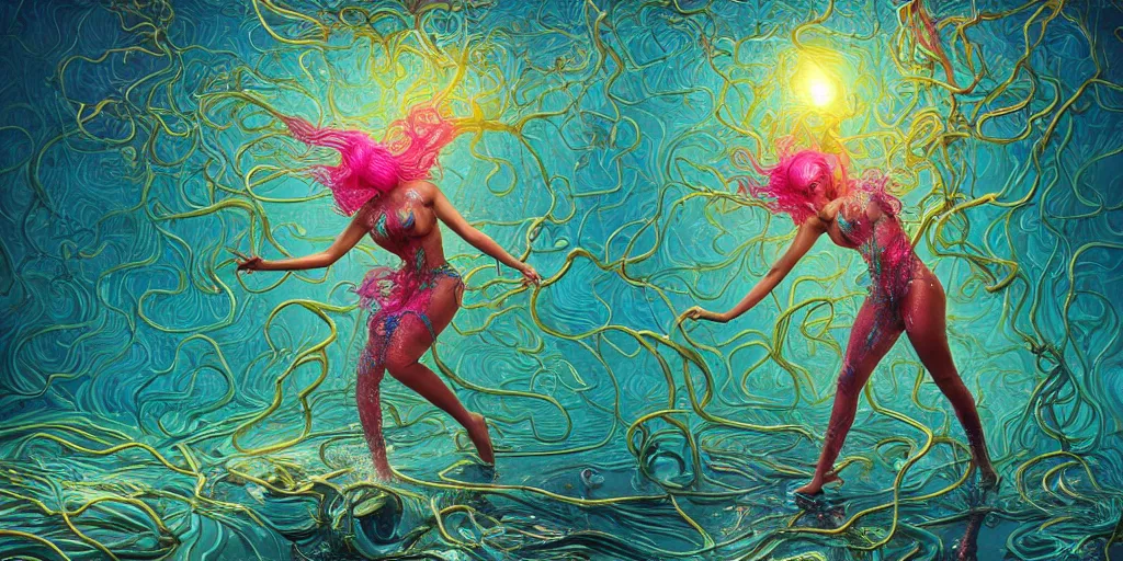 Prompt: nicki minaj, epic image of a glossy wet levitating floating fungus spirit with arms outstretched, made from colorful wet fungus tendrils. illustration by james jean, by ivan bilibin. uhd, amazing depth, glowing, golden ratio, 3 d octane cycle unreal engine 5, volumetric lighting, cinematic lighting, cgstation artstation concept art