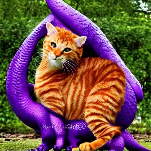 Image similar to majestic purple dragon cuddles an orange tabby cat, realistic, orange tabby cuddles purple dragon, award-winning photography