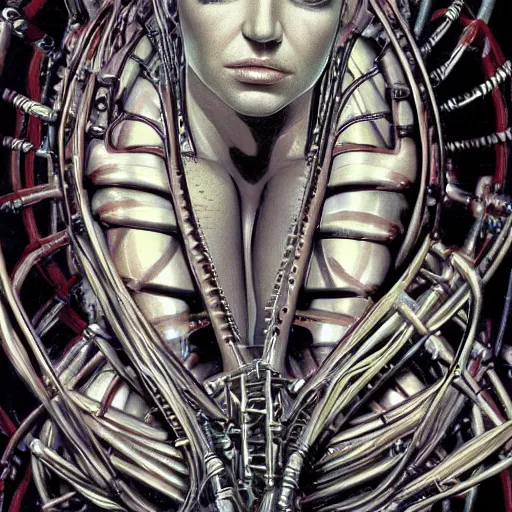 Image similar to britney spears encased in biomechanical machine, heavy conduits, complex scene, rich composition, heavy in detail, corruption, decay, grime, smooth, sharp focus, airbrush, illustration, symmetrical, portrait, art by h. r. giger