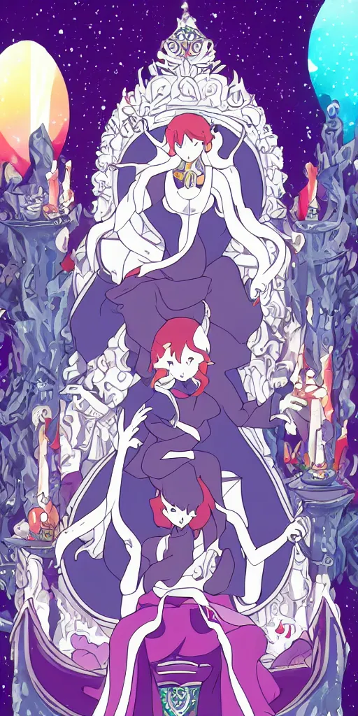 Image similar to a spiritual guru sitting on a throne of ice drawn by studio trigger, in the style of Little Witch Academia, spiritual enlightenment, tradition, conformity, morality, ethics