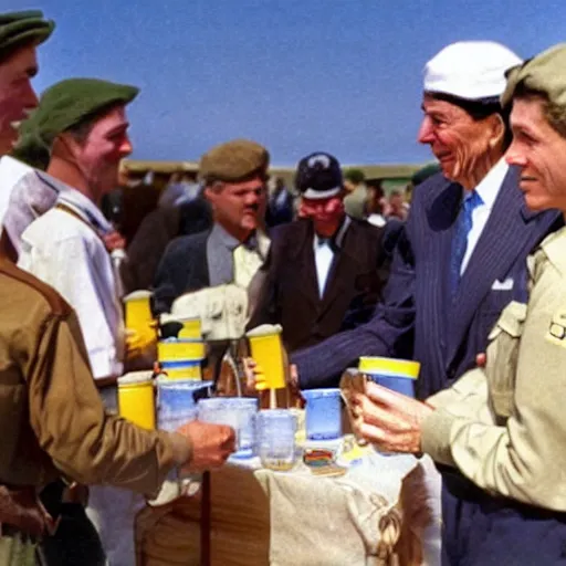 Image similar to Ronald Reagan selling lemonade in the Normandy beaches during D-day, photorealistic, ultra high detail