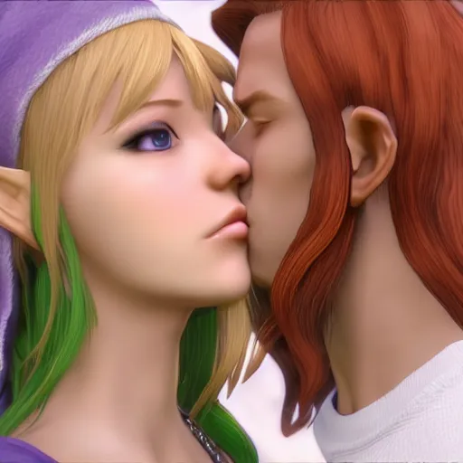 Prompt: female link and malon kissing, realistic, 3 d, raytracing, hd, max settings