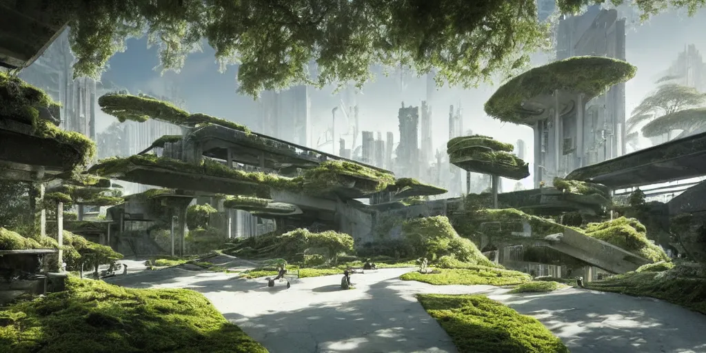 Image similar to concrete architecture with many walkways connecting the structures with moss and ivy growing all over, futuristic, late afternoon light, wispy clouds in a blue sky, by frank lloyd wright and greg rutkowski and ruan jia