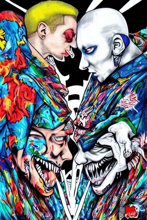 Image similar to eminem and insane clown posse fight, realistic, art by tafy laplanche, colored by james jean