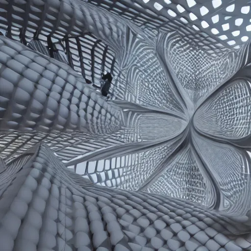 Image similar to fractal geometric pavilion architecture designed by zaha hadid, parametric, flow, generative design, artstation, unreal engine.