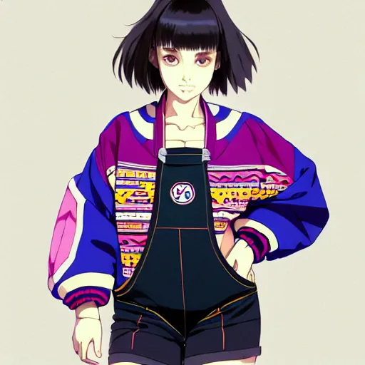 Image similar to a beautiful plus sized model japanese natalie portman, alluring, wearing oversized mayan bomber jacket and leotard with overalls, bulky poofy bomber jacket with mayan patterns, aztec street fashion, gapmoe yandere grimdark, trending on pixiv fanbox, painted by greg rutkowski makoto shinkai takashi takeuchi studio ghibli, akihiko yoshida
