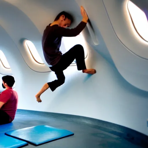 Prompt: a man is sitting in an airplane, watching his friends enjoy bouldering in a gym