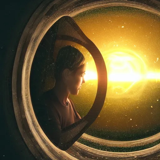 Prompt: a realistic photo of a person looking through a portal, the person is seeing the origin of the universe photorealistic highly detailed professional photography cinematic dynamic lighting